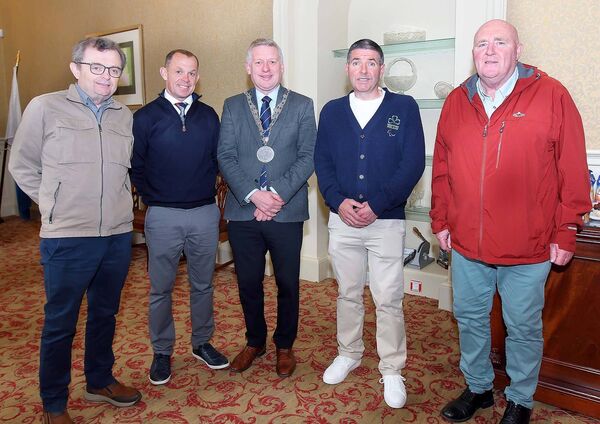 Mayor of Waterford City &amp; County, Cllr Jason Murphy pictured with Damien Vereker at the mayoral reception in recognition of his dedication and outstanding achievements as an experienced member of the Irish Para-cycling National team, also included were Cllr Seamus Ryan, Cllr Frank Quinlan and Cllr John Hearne.