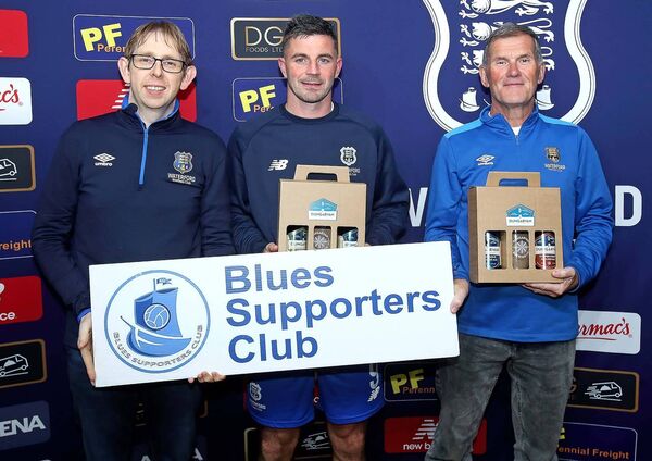 The Blues Supporters Club Player of the Month for August was Padraig Amond and he was presented with his prize sponsored by Dungarvan Brewing Company by Richie Dobbyn and Odran Fitzgerald, Blues Supporters Club.