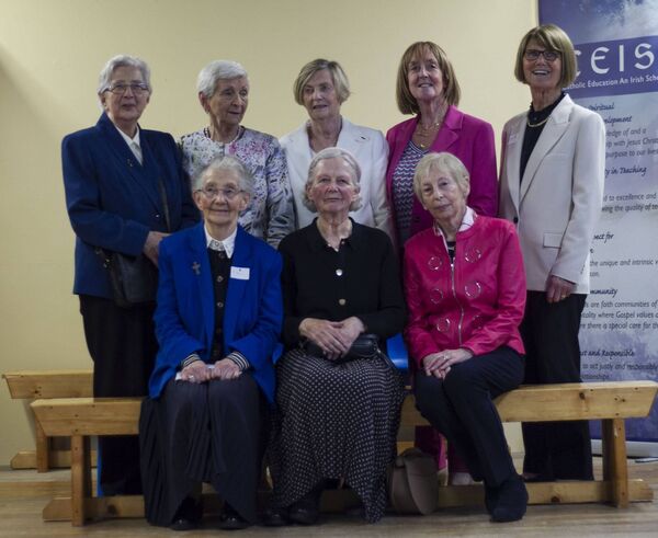 Teaching Staff of 1974, the first year of the school in its current location. back from left to right: Sr. Anne, Celine Coakley, Monica Walsh, Miriam Joyce, Angela Casey. front from left to right: Sr. Paschal, Helen O'Mahoney (first lay Deputy Principal), Anna Morrissey 
