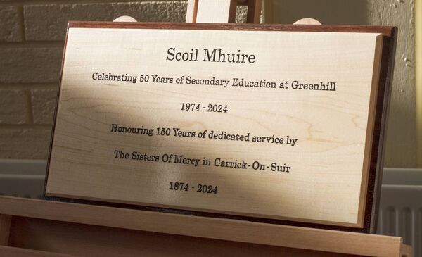 The Commemorative Plaque, unveiled on the day by Sr, Paschal Jones and Sr. Anna Holden. The plaque was handcrafted by Marty Bates, husband of current teacher of the school, Deirdre Brannigan 