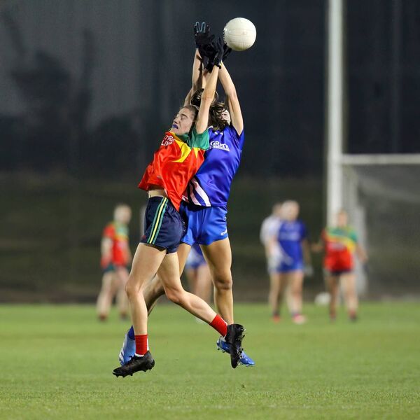 Comeragh's four-goal hero Katie Murray and Ballymacarbry's Summer Peters challenge for a high ball. Comeragh's four-goal hero Katie Murray and Ballymacarbry's Summer Peters challenge for a high ball.