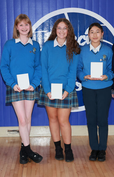  Ellen O'Sullivan, Ellie Collins Guilfoyle and Gráinne Siqi Huang, Third Year winners at Our Lady of Mercy Secondary School annual awards day.