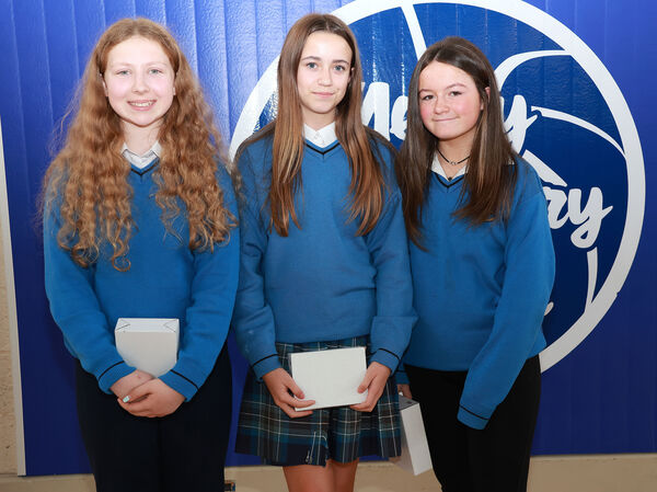  Cara Daly, Lily Murphy and Tess Roberts, First Year winners at Our Lady of Mercy Secondary School annual awards day.