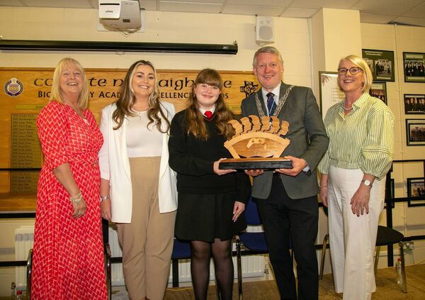 The Nano Nagle Award presented to the School of Sanctuary Committee. Receiving the award was Kellie Dempsey. From left: Orla Bolger (Principal), Kellie Dempsey, Leah Power, Mayor Cllr Jason Murphy, Ruth Gallen (Deputy Principal).