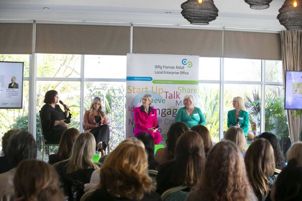 17/10/2024. Pictured at the Waterford LEO’s National Women’s are Lynda Lawton, MC for the event, Aisling Larkin, broadcaster, Eadaoin Carrick, Executive Chairperson of Cantec Group and Vice President of Waterford Chamber, Mailo Power of Monkey Cups and Stephanie Wickham of Expat Taxes. . Photograph: Patrick Browne