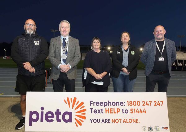 The Mayor of Waterford City &amp; County, Cllr Jason Murphy and John Dempsey, National Community Funding &amp; Advocacy Team Lead Pieta are pictured with the Tramore AFC representatives Stuart Kennedy, Jackie Kennedy and Laura Finnegan.