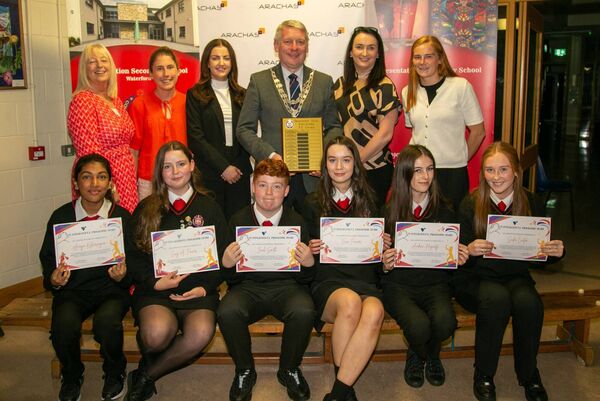 Transition Year Integrated P.E. AwardRecipients Back row: From left: Orla Bolger (Principal), Lauren Dermody (P.E. teacher), Karen O’Neill (Arachas), Sponsers, Mayor Cllr Jason Murphy, Karen Coffey (Arachas), Beth Carton (P.E. teacher). photo: john Power