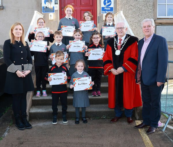  Metropolitan Mayor of Waterford Cllr Joe Kelly, visited Waterpark NS on his annual school visits and is pictured here with pupils who received Kindness Certificates, also include are, deputy principal Aileen Moriarty and Eamon Flynn, Educational Welfare Officer. Photo: Joe Evans