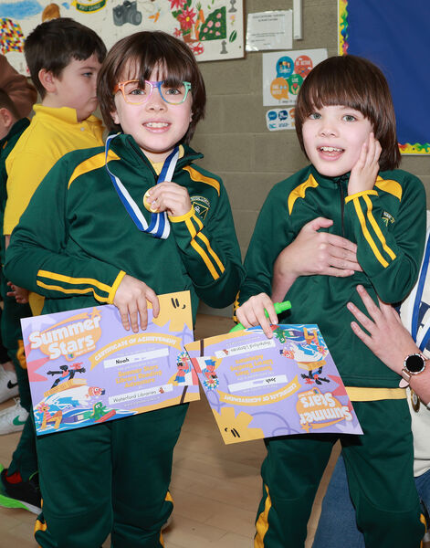  Metropolitan Mayor of Waterford Cllr Joe Kelly, visited Scoil Lorcain on his annual school visits and presented Noah and Josh with their Summer Stars certificates. Photo: Joe Evans