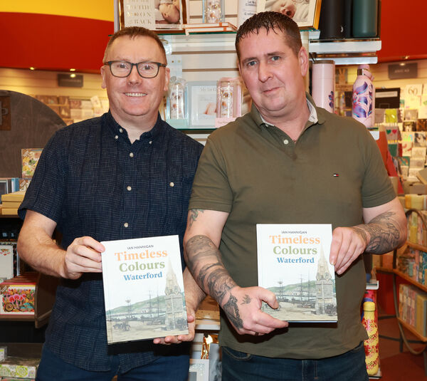  Anthony Flanagan and Thomas Barrtett, at The Book Centre for the launch of Ian Hannigan new book Timeless Colours of Waterford. Photo: Joe Evans