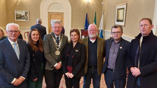 Mayor of the Metropolitan District Cllr. Joe Kelly, Cllr. Catherine Burke, Mayor of Waterford City and County, Cllr. Jason Murphy, Palestinian Ambassador to Ireland Dr Jilan Wahba Abdalmajid, David Rees, Cllr. Séamus Ryan and Brian Partridge.