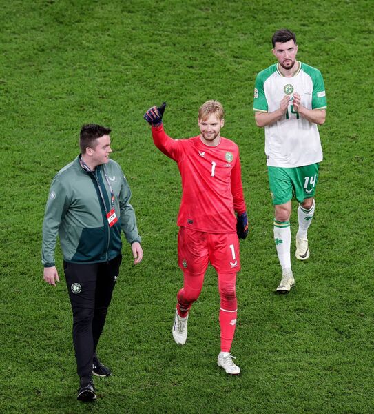 Ireland's Caoimhin Kelleher celebrates after the game after his penalty save was crucial one against Finland at the Aviva Stadium. Photo: INPHO/Laszlo Geczo Ireland's Caoimhin Kelleher celebrates after the game after his penalty save was crucial one against Finland at the Aviva Stadium. Photo: INPHO/Laszlo Geczo