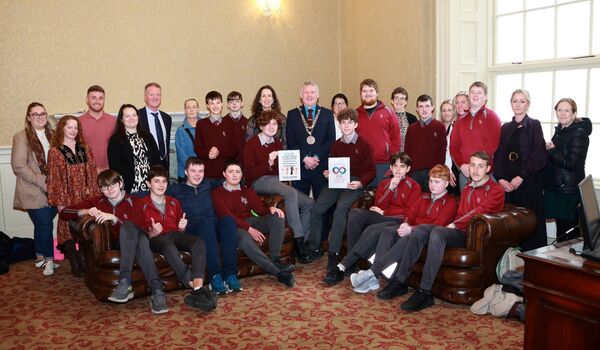 Mayor of Waterford Cllr Jason Murphy is pictured here with some of the De La Salle Hub students and staff. Photo: Joe Evans