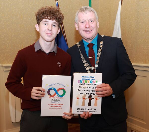 Mayor of Waterford City &amp; County Cllr Jason Murphy pictured here with Aaron who spoke at the event. Photo: Joe Evans