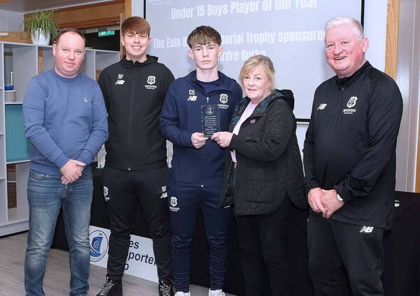 The Under 15 Boys Player of the Year (The Eoin Burke Memorial Trophy) kindly sponsored by the Burke family was Callum Slattery and he is pictured receiving his award from Deirdre Burke, wife of the late Eoin Burke, also included were coach Seb Fialkiewicz, Owen Power, BSC and Academy Director Mike Geoghegan.