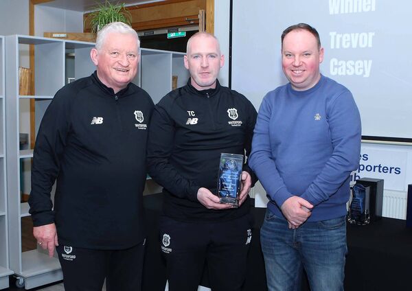 The Academy Coach of the Year award sponsored by Odran Fitzgerald was Trevor Casey and he is pictured receiving his award from Owen Power, BSC and Academy Director Mike Geoghegan.