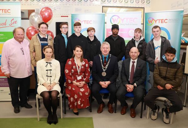 Practical Skills trainees, pictured with John Howe, Rebecca Ryan, Manager, Susan Sheahan, Development Officer, Danny Murphy, Chairperson, and Mayor of Waterford Cllr Jason Murphy. Photo: Joe Evans