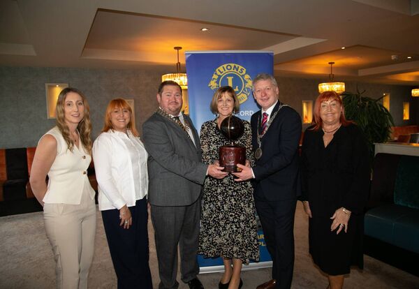 The Michael Collin's Perpetual Trophy being presented to Caoimhe's school principal Sally Ronayne on behalf of Caoimhe. William Cuddihy, Lion's Club President, Claire Kelly, Presentation, Leann Morrissey, Lion's Club and Maria Morrissey, Lion's Club. Photo: John Power