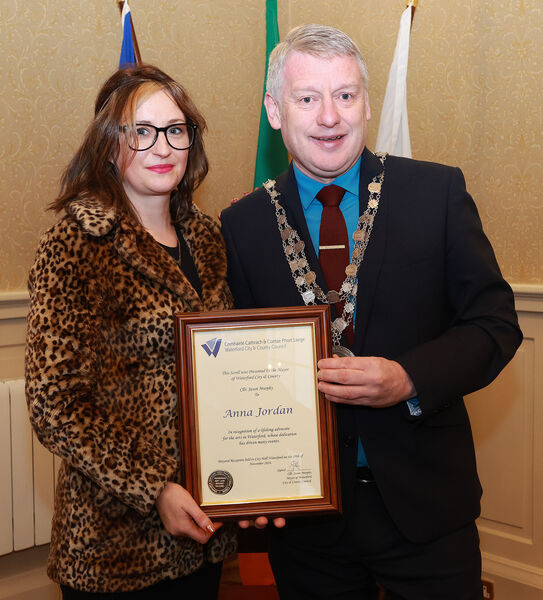 Anna Jordan pictured with Mayor of Waterford Jason Murphy, who honoured Anna with a Mayoral Reception in recognition of her work as a lifelong advocate for the arts in Waterford. Photo: Joe Evans