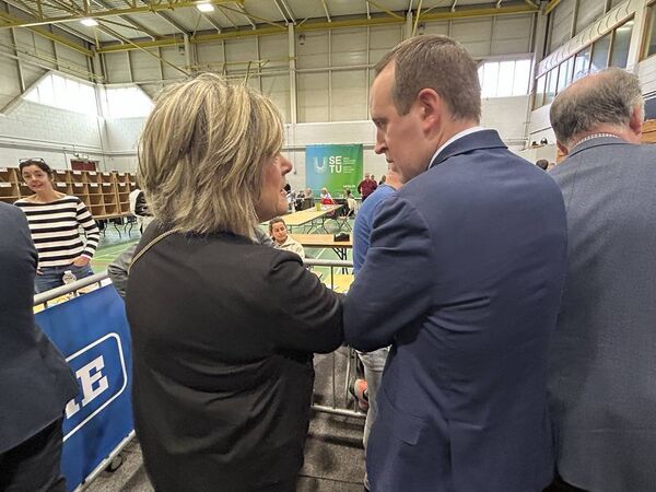 Minister of State Mary Butler and newly-elected TD John Cummins together at the count centre but on opposite sides of the government formation talks.