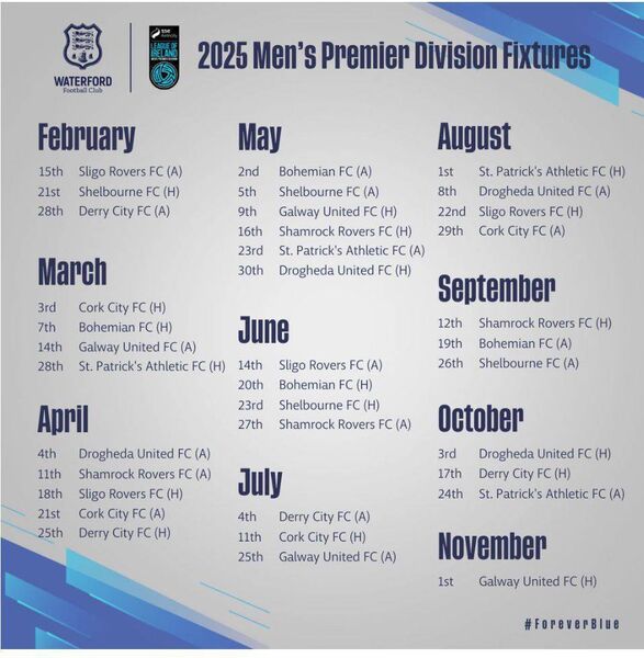 Waterford FC fixture list for the SSE Men's Premier Division 2025 season. 