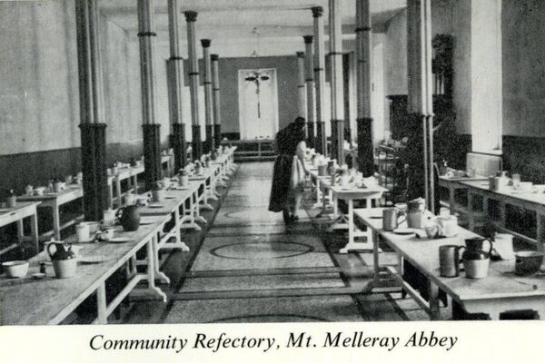 The Community Refectory at Mount Melleray Abbey. The two rows of tables are laid out for meals, circa 1950. Courtesy: Waterford County Museum The Community Refectory at Mount Melleray Abbey. The two rows of tables are laid out for meals, circa 1950. Courtesy: Waterford County Museum