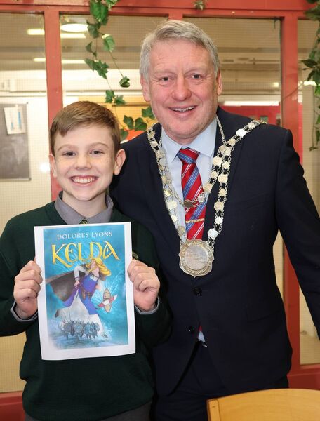 Mayor of Waterford Cllr Jason Murphy with Zach from Scoil Lorcain, at the launch of the HSCL Local Education Committee's "One Book One Community” The book chosen is called “Kelda” written by local Author, Dolores Lyons. Photo: Joe Evans