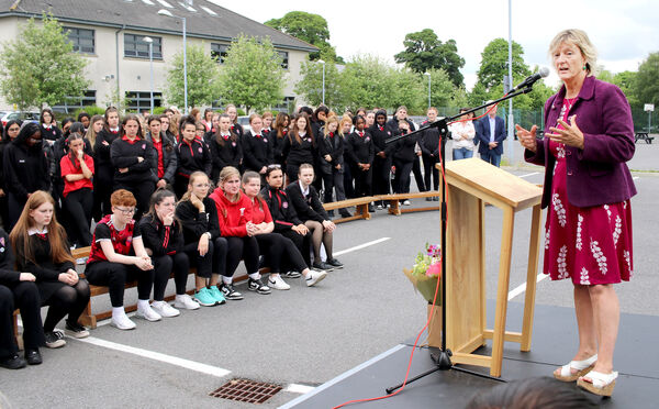  MEP Grace O'Sullivan, visited the Presentation Secondary School to raise the school's 6th green Flag. Photo: Joe Evans