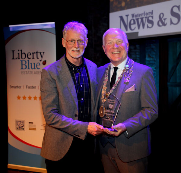  Lifetime Achievement Award Winner, Eamonn McEneaneyreceived his award from Mayor Of Waterford City &amp; County Cllr. Joe Conway, at the Waterford News &amp; Star Green Room Awards at the Theatre Royal. Photo: Joe Evans