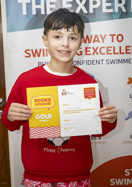  Jeffrey, who received his Rookie Lifeguard Gold Stage 2 swimming certificate at Kingfisher.