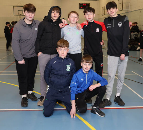  Team 5, including Joe Burke, Luke Myler, Peter Mackey, John Mackey and Rylie Mai with their TY coaches, Conor Nugent and Eamon Connors, who took part in the annual De La Salle College first year all night 5-A-Side tournament in aid of the Lasallian Projects 2025. Photos: Joe Evans