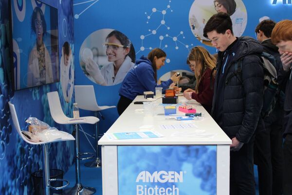Amgen, based in Waterford, at the BT Young Scientist Exhibition in the RDS in Dublin. Photo by Hugh Dooley. Amgen, based in Waterford, at the BT Young Scientist Exhibition in the RDS in Dublin. Photo by Hugh Dooley.