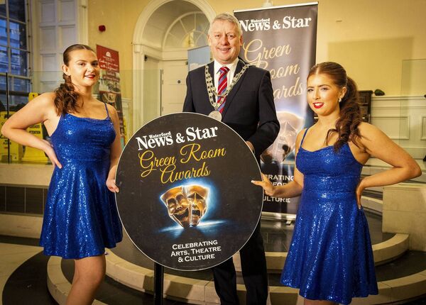 Pictured at the Theatre Royal for the launch of the Waterford News &amp; Star Green Room Awards 2025, are Mayor of Waterford City &amp; County Cllr. Jason Murphy, with dancers Jaimie and Evie. Waterford City and County Council is kindly supporting the Green Room Awards. Photo: Joe Evans