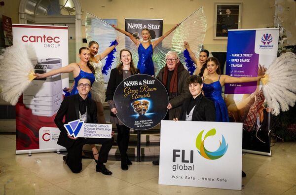 Pictured at the Theatre Royal for the launch of the Waterford News &amp; Star Green Room Awards 2025, included are, Mary Frances Ryan Editor and Pat McEvoy, Arts Correspondent Waterford News &amp; Star, with Jack Cunningham Productions dancers, Fred, Sam, Hannah, Evie, Jaimie, Layla ad Evie. Photo: Joe Evans
