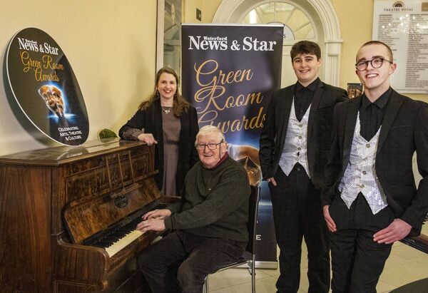 Pictured at the Theatre Royal for the launch of the Waterford News &amp; Star Green Room Awards 2025 are Mary Frances Ryan, Editor, and Pat McEvoy, Arts Correspondent, Waterford News &amp; Star with Jack Cunningham Productions' dancers, Sam and Fred. Photo: Joe Evans