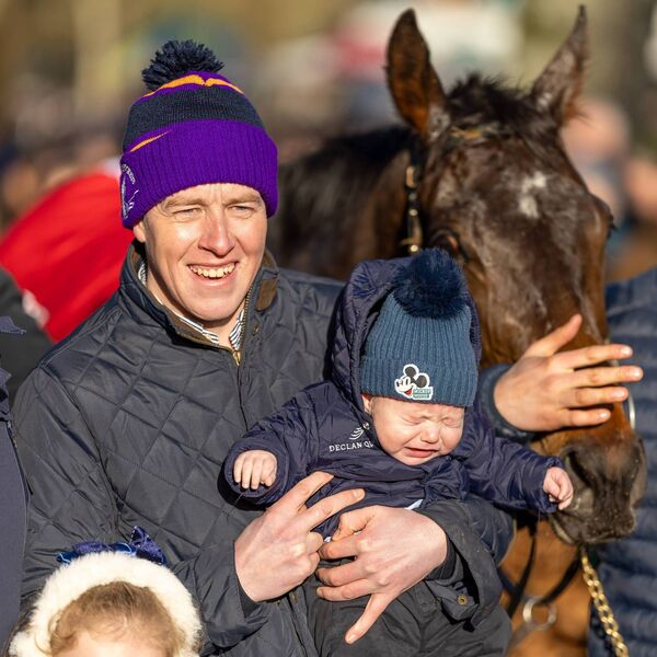 Trainer Declan Queally with Declan Ross Queally after winning with Rocky’s Diamond Photo: ©INPHO/Morgan Treacy