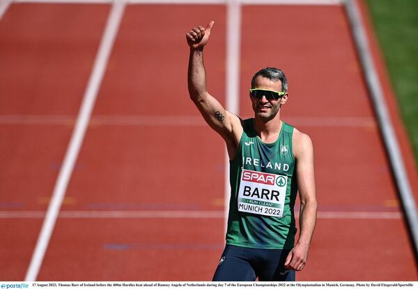 Thomas Barr of Ireland before the 400m Hurdles heat at the European Championships in 2022. Photo by David Fitzgerald/Sportsfile Thomas Barr of Ireland before the 400m Hurdles heat at the European Championships in 2022. Photo by David Fitzgerald/Sportsfile