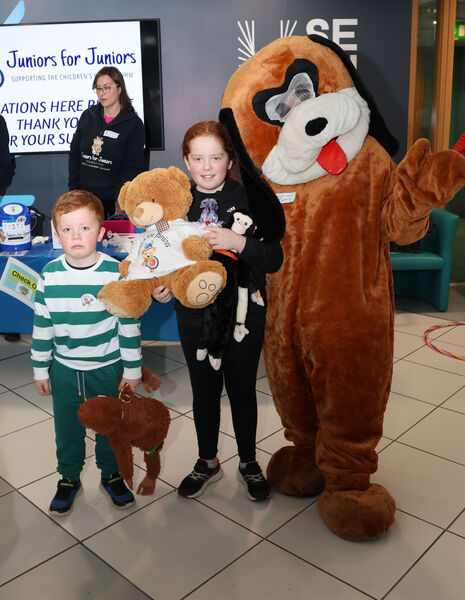 Fionn and Molly O'Driscoll, who raised €900 for Juniors for Juniors by making Gonks, are pictured here with Puppie at the Juniors for Juniors Teddy Bear Hospital. Fionn and Molly O'Driscoll, who raised €900 for Juniors for Juniors by making Gonks, are pictured here with Puppie at the Juniors for Juniors Teddy Bear Hospital.