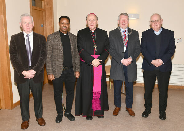  Mr. Peter Kelly, Chairperson, St. Paul's Parish Pastoral Council, Fr. Dawit Tekle, Curate, St. Paul's, Bishop Alphonsus Cullinan, Bishop of Waterford and Lismore, Mayor Jason Murphy, Mayor of Waterford City and County, and Monsignor Pat Fitzgerald, Parish Priest, St. Paul's, pictured at the launch of "The Parish" at St Paul's, Lisduggan.