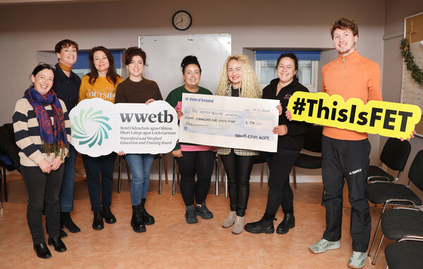  A cheque for €534 was presented to The Women's Centre Waterford, from the recent WCFE Christmas Fair - the money was raised by student and staff donations, from left are, Liz, WCW, Barbara, Natalie, Svitlane, Annie, WCW, Nataliia, Sarah, WCW and Arter. Photo: Joe Evans