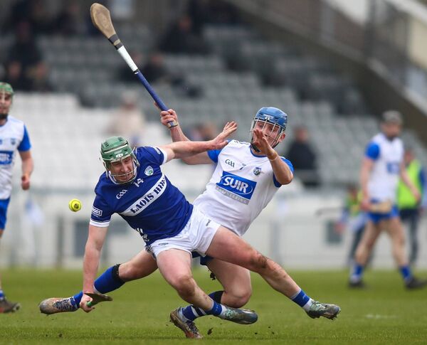 Waterford's Paddy Leavy in a battle for possession with Laois' Willie Dunphy. 