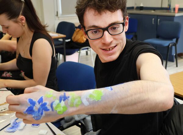 luke Cahill, at the Dublin Body Paint workshop at Waterford College of Further Education with Caitriona Giblin. Photo: Joe Evans