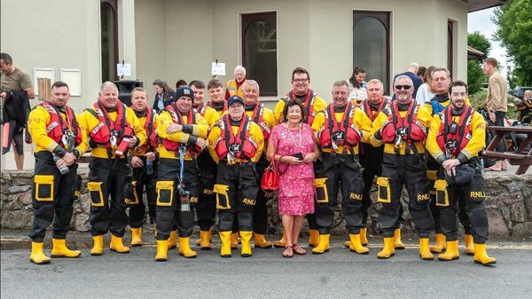 Noel Joyce (Youghal RNLI), Liam Harty, Brian O'Rourke, Kevin Daly (Youghal RNLI), Jamie Walsh, Rian Kelly, Catherine Reeves, Alan Kelly, Joan Clancy, Críostóir Ó Faoláin, Richard Haynes, Michael Moore, Sean O'Regan, Simon O'Hara, Joe Foley pictured at the Helvic Swim 2024 (Pic: Andrew Miller)