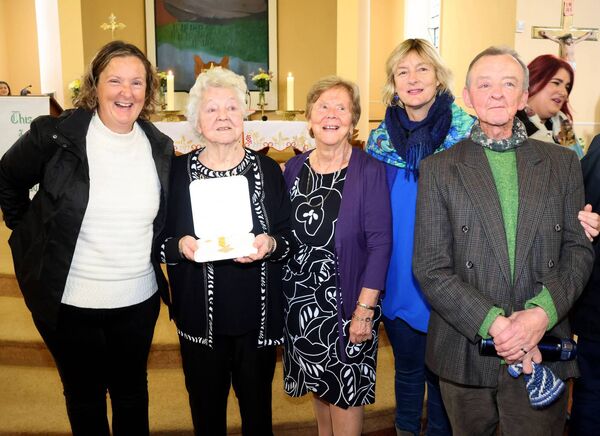 The Benemerenti Meadal was presented to Mae Mc Grath for her services to the choir at Ballybricken Churc, from left are, Lola O'Sullivan, Mae McGrath, Winnie Power, Grace O'Sullivan and Karl O'Sullivan. Photo: Joe Evans