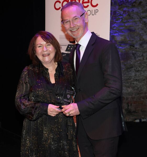 Pictured accepting the award from Des O'Keeffe, presented for Best Female Performance in a Professional Play. Pictured accepting the award from Des O'Keeffe, presented for Best Female Performance in a Professional Play.