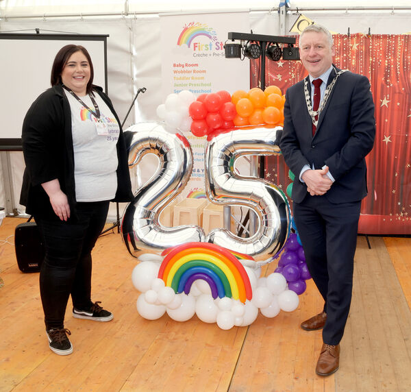  Doireann Nix and Mayor of Waterford City &amp; County Cllr Jason murphy, at First Steps Creche &amp; Pre-School which celebrates its 25th Birthday. Photo: Joe Evans