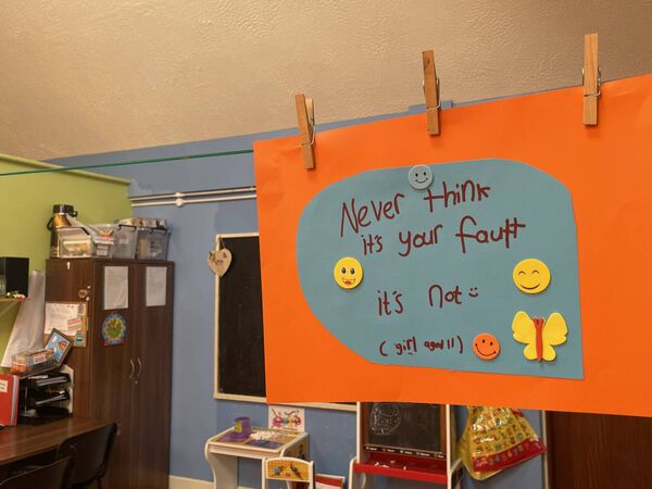 The children's playroom contains messages of hope. 