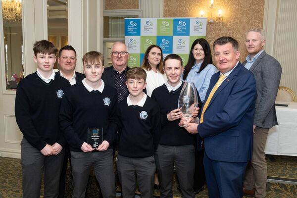 Donnacha Flannery, Arlo Barron, Ben Phelan and Rob Kenny and their business Tramore Sea Salt Spray from Ard Scoil na Mara Tramore, receiving the Senior Student Enterprise Programme award from Councillor Damien Geoghegan and Gareth Evans, Head of Enterprise Waterford LEO with judges Dermot Walsh, Sharon O'Brien, Jamie Whitty and David Walsh at the final of the Waterford Student Enterprise Programme in the Park Hotel, Dungarvan, hosted by the Local Enterprise Office - David Clynch