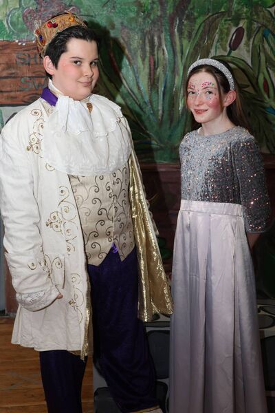 Archie as Prince Fancy Pants and Órlaith as Magic Mirror in Ballyduff Youth Drama's Shrek Saves Far Far Away. 