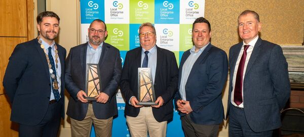 Deputy Mayor of Waterford City and County Cllr. Adam Wyse, Martin Hamm &amp; Liam Murray of Marli Products, Gareth Evans, Head of Enterprise at LEO Waterford, Sean McKeown Chief Executive of WCCC. Photo: John Birmingham